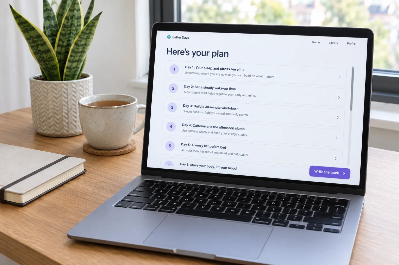 A laptop on a desk showing a web app page titled Here's your plan with numbered rows: Day 1, Your sleep and stress baseline; Day 2, Set a steady wake-up time; Day 3, Build a 30-minute wind-down; Day 4, Caffeine and the afternoon slump; Day 5, A worry list before bed, and a purple Write the book button, beside a potted snake plant and a cup of tea