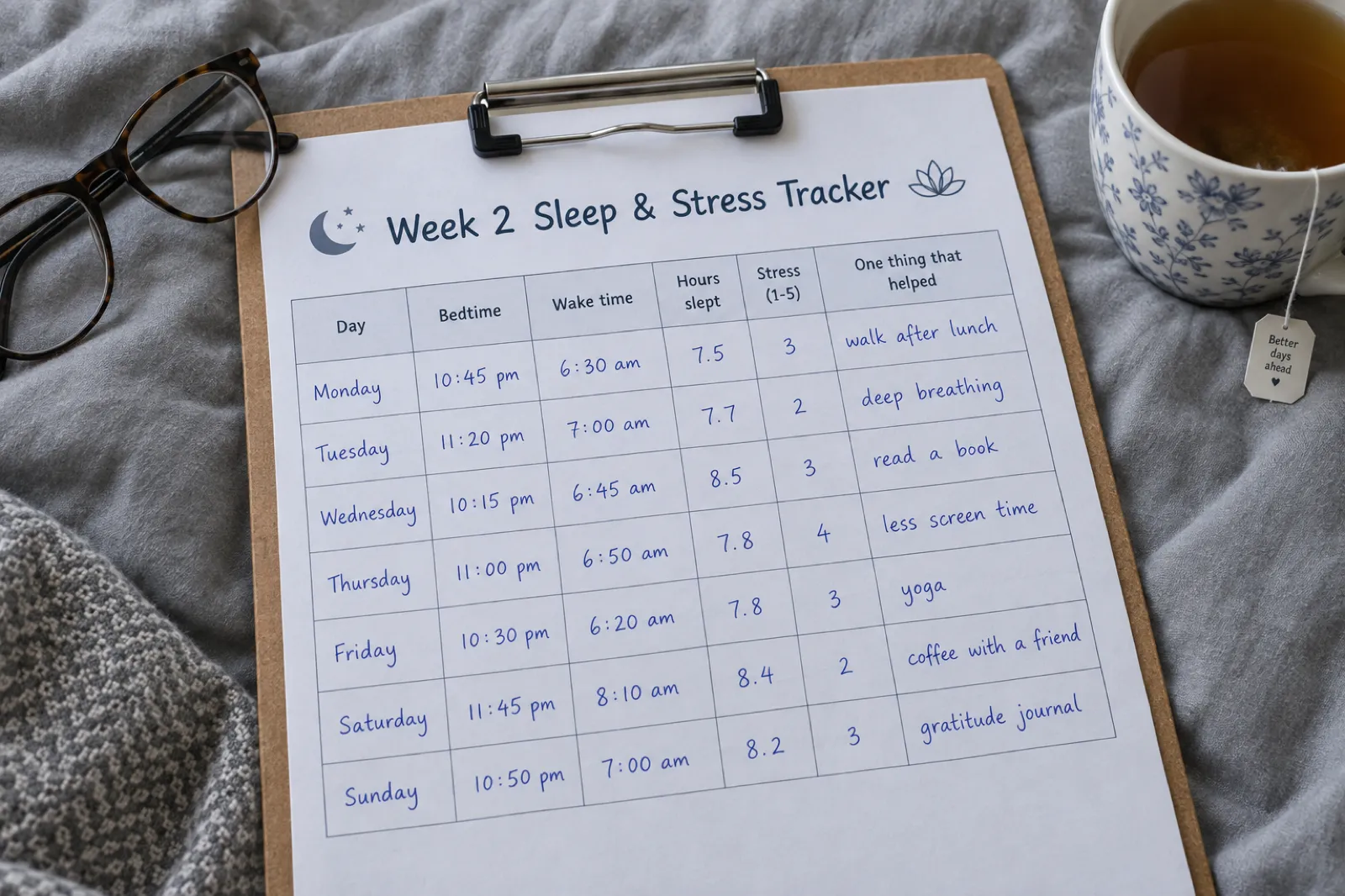 A clipboard on a grey duvet holding a printed Week 2 Sleep and Stress Tracker, a table with columns for day, bedtime, wake time, hours slept, stress from 1 to 5 and one thing that helped, filled in by hand in blue pen from Monday to Sunday with entries like 10:45 pm, 6:30 am, 7.5 hours, stress 3 and walk after lunch, beside a pair of glasses and a mug of tea