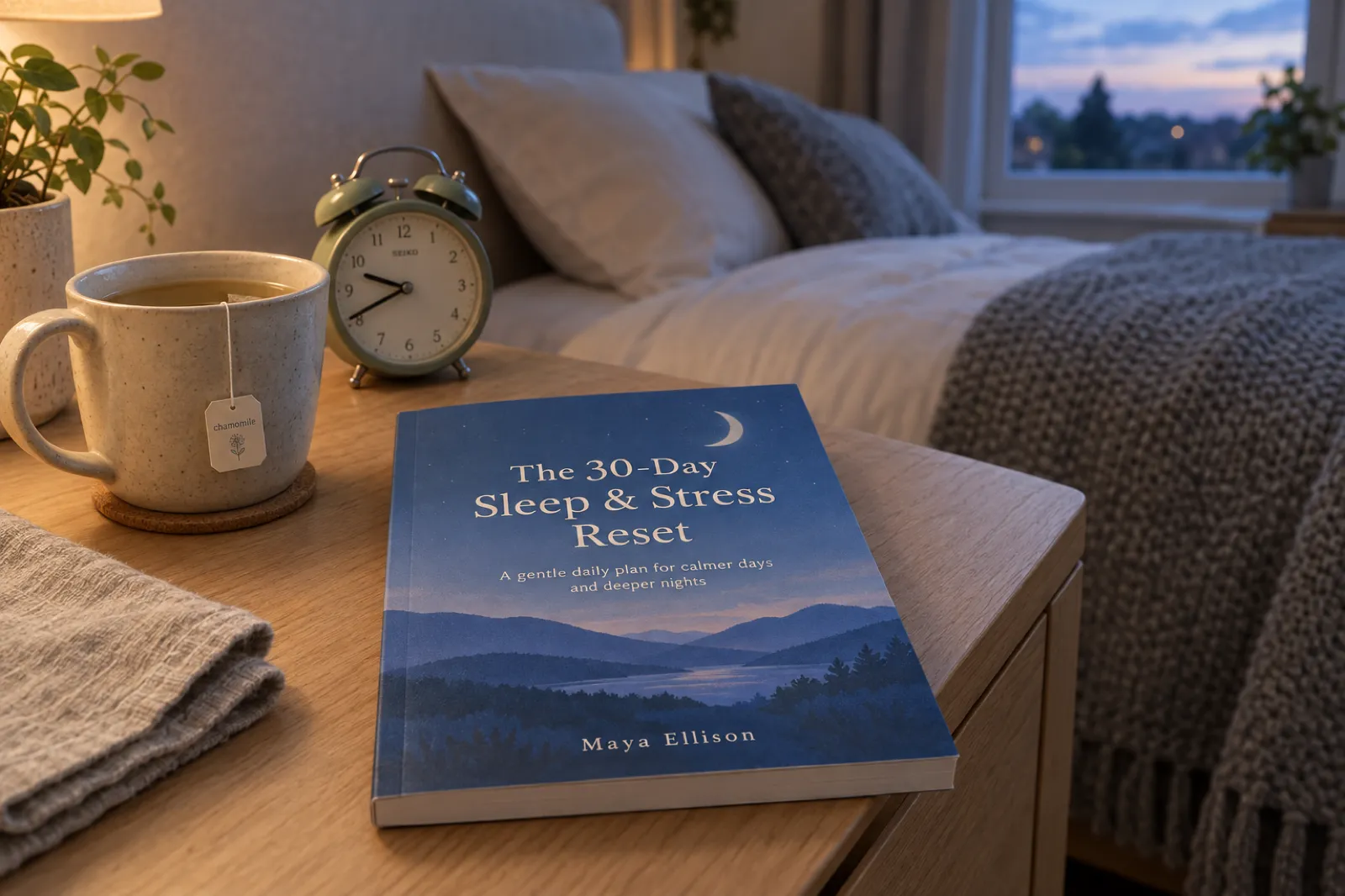 A bedside table in early evening with a paperback titled The 30-Day Sleep and Stress Reset, subtitled A gentle daily plan for calmer days and deeper nights, by Maya Ellison, its dusk-blue cover showing a crescent moon over rolling hills, beside a mug of chamomile tea and an alarm clock showing about a quarter to ten, a made bed with a knitted throw and a window at dusk behind