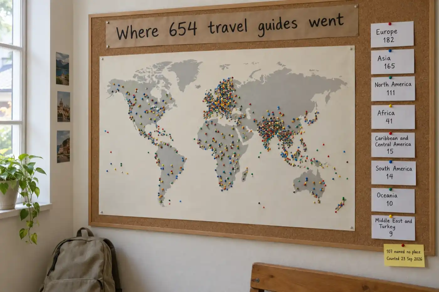 A cork noticeboard in a hostel common room with a printed world map covered in coloured pins, a kraft paper heading reading Where 654 travel guides went, and a column of index cards reading Europe 182, Asia 165, North America 111, Africa 41, Caribbean and Central America 15, South America 14, Oceania 10, Middle East and Turkey 9, with a sticky note reading 107 named no place, counted 23 Sep 2026