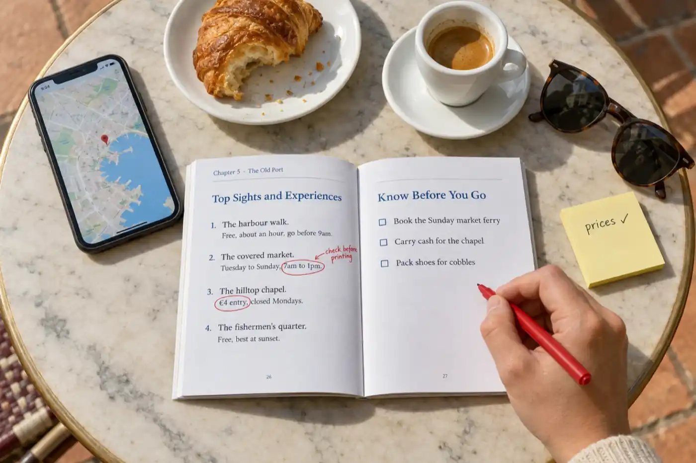 Overhead view of a marble café table with a printed travel guide open to Chapter 5, The Old Port, showing a numbered list of top sights with prices and opening hours and a Know Before You Go checklist, a hand with a red pen that has circled 7am to 1pm and written check before printing in the margin, a second circle around €4 entry, a phone showing a map pin, a croissant, an espresso, sunglasses and a sticky note reading prices ticked