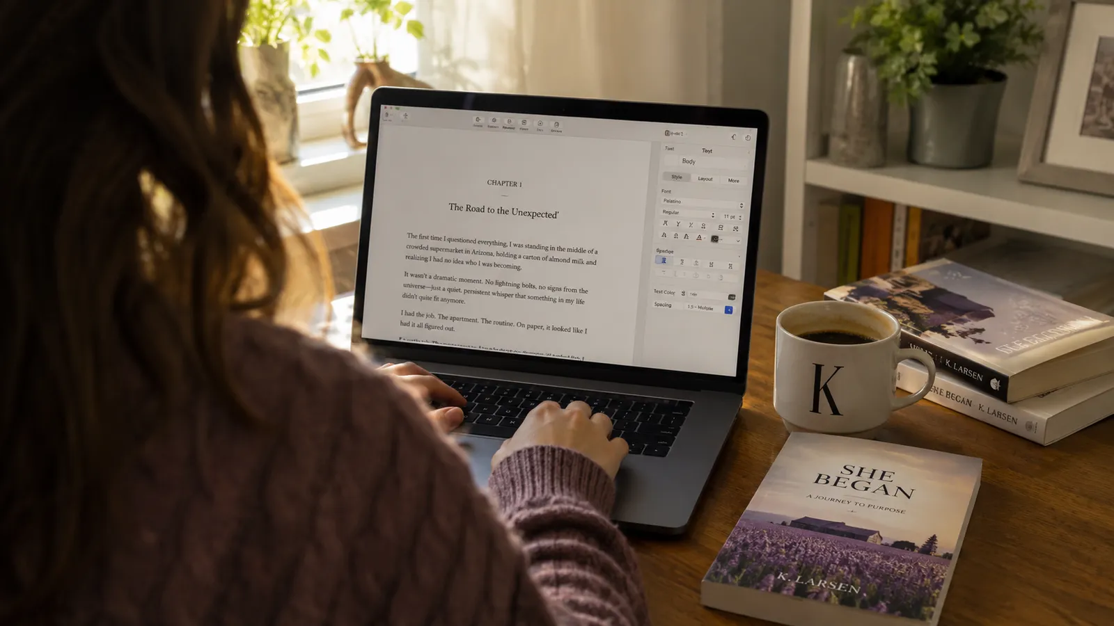 An author at a sunlit desk editing a chapter of an AI-written book on a laptop, with a printed paperback of the finished book beside her