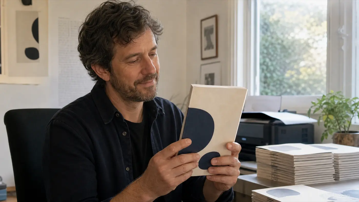 Author in a sunlit home office holding a freshly printed poetry collection in both hands, examining the cover with quiet satisfaction.