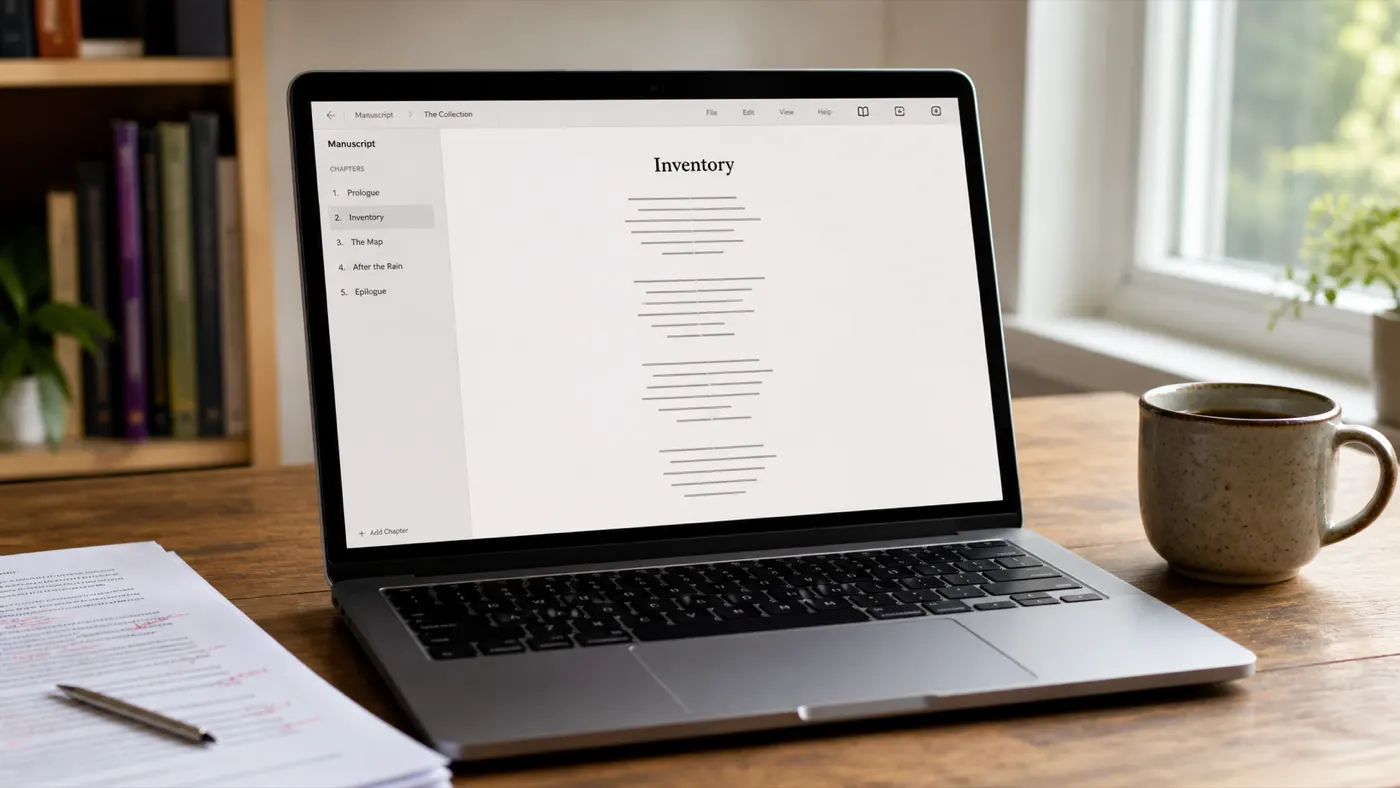 Laptop on a wooden desk showing the Inkfluence editor with a poem titled 'Inventory' rendered in a clean light theme, a chapter list on the left sidebar showing five sections, plant and ceramic mug beside the laptop.