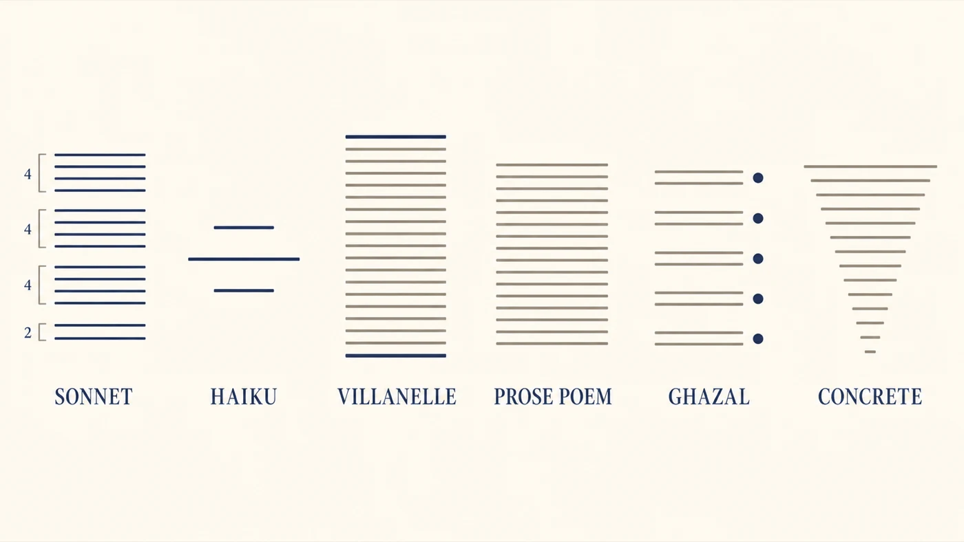 Cream-coloured infographic showing six poem forms side by side: SONNET, HAIKU, VILLANELLE, PROSE POEM, GHAZAL, and CONCRETE, each with its structural pattern visualised.