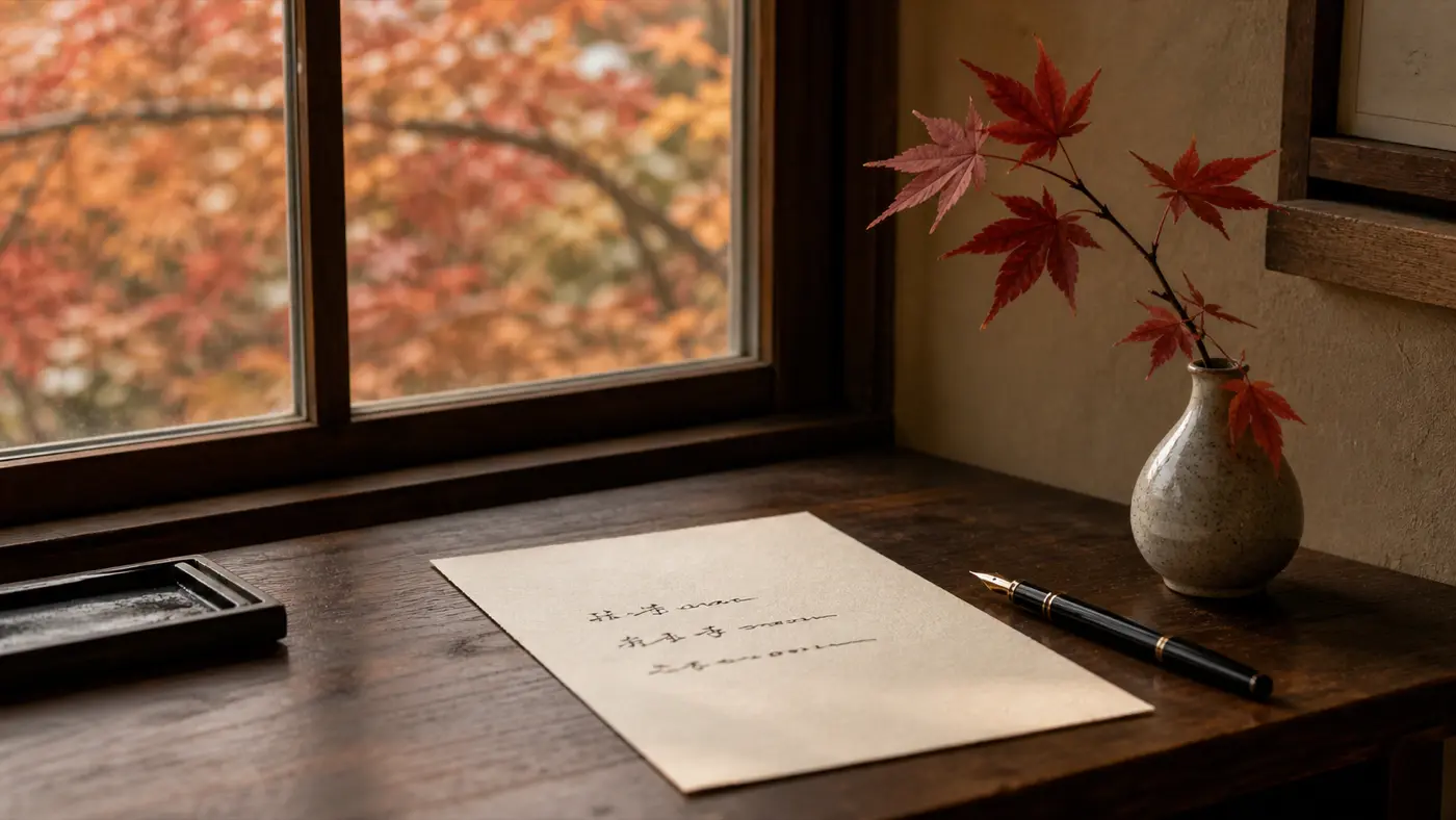 A handwritten haiku in fountain pen ink on a sheet of cream paper, resting on a dark wooden writing desk by a window. A small ceramic vase with a red maple branch sits beside the paper. Autumn leaves visible through the window in soft light.