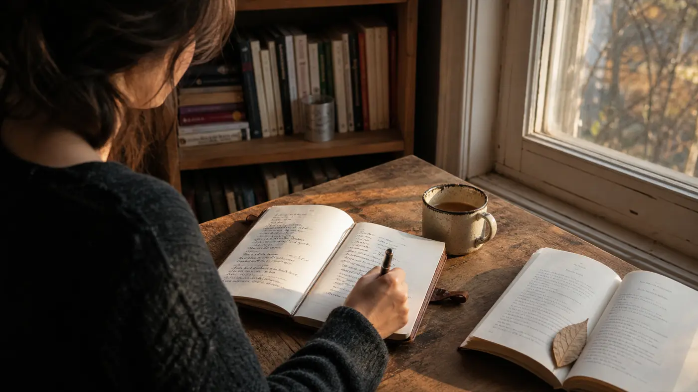 Poet writing in a leather notebook at a wooden desk by a window, mug of tea and an open paperback poetry collection beside her, late afternoon light.