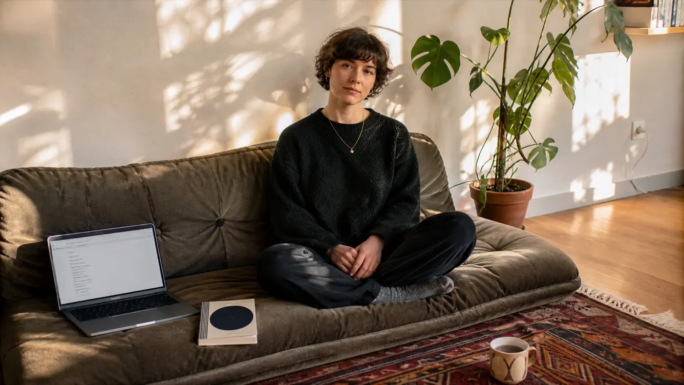 Indie poet sitting cross-legged on a low couch in a sunny apartment, laptop open beside them showing a poetry editor with lines of verse, a printed paperback poetry collection face-up on the cushion next to them, a houseplant and warm rug visible. Modern indie-poet workspace.
