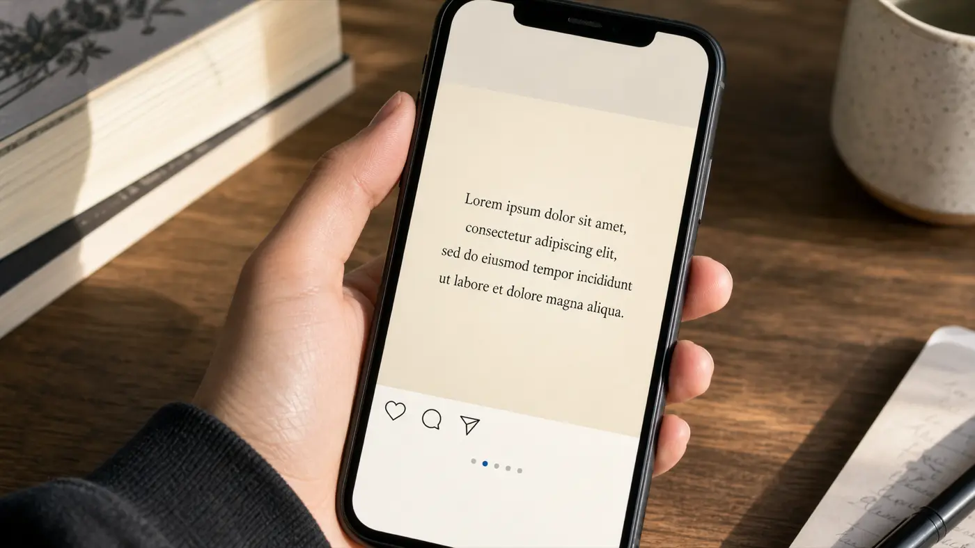 A smartphone held in one hand showing a generic Instagram-style square post with a short typeset poem on a cream background, carousel dots indicating slide 2 of 5, books and a coffee mug visible on the wooden desk behind.