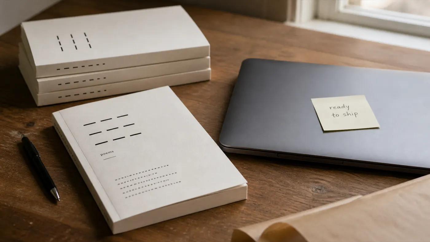 A finished printed poetry paperback on a wooden desk beside a closed laptop with a sticky note reading 'ready to ship' on the lid, a small stack of identical paperbacks behind, a pen and a strip of brown packing paper at the edge. The book is finished, the next step is the world.