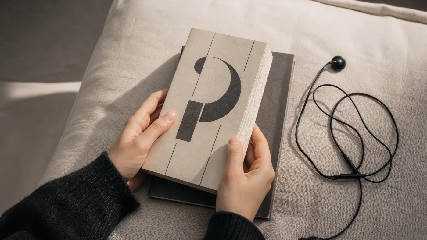 Reader's hands holding a small printed paperback poetry collection on a linen cushion, abstract typography on the cover, black wired earbuds curling beside the book.