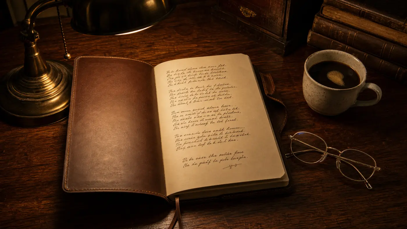 An open leather-bound notebook on a dark wooden writing desk, the page filled with a handwritten sonnet in ink. A vintage brass desk lamp casts warm light from one side, a pair of wire-frame reading glasses folded beside the notebook, a coffee cup nearby. Late evening, classical mood.