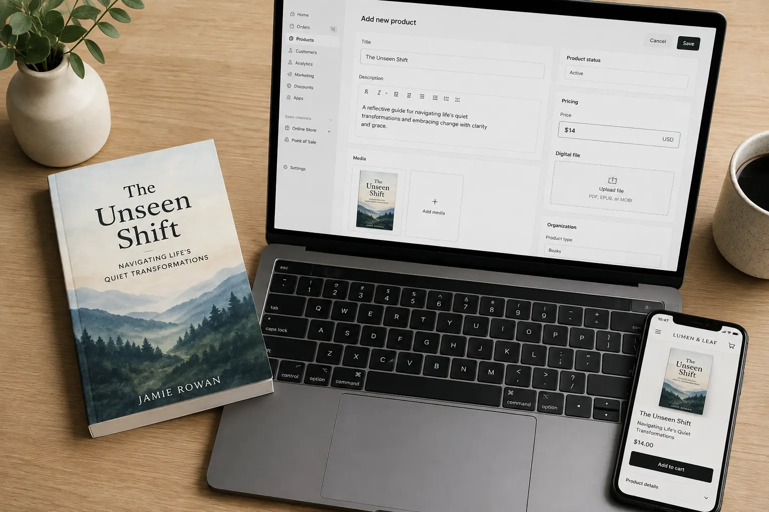 Adding a book as a new product in an online-store admin: title, description, price of $14, a cover thumbnail, and a Digital file upload area for PDF or EPUB, with the same listing shown live on a phone.