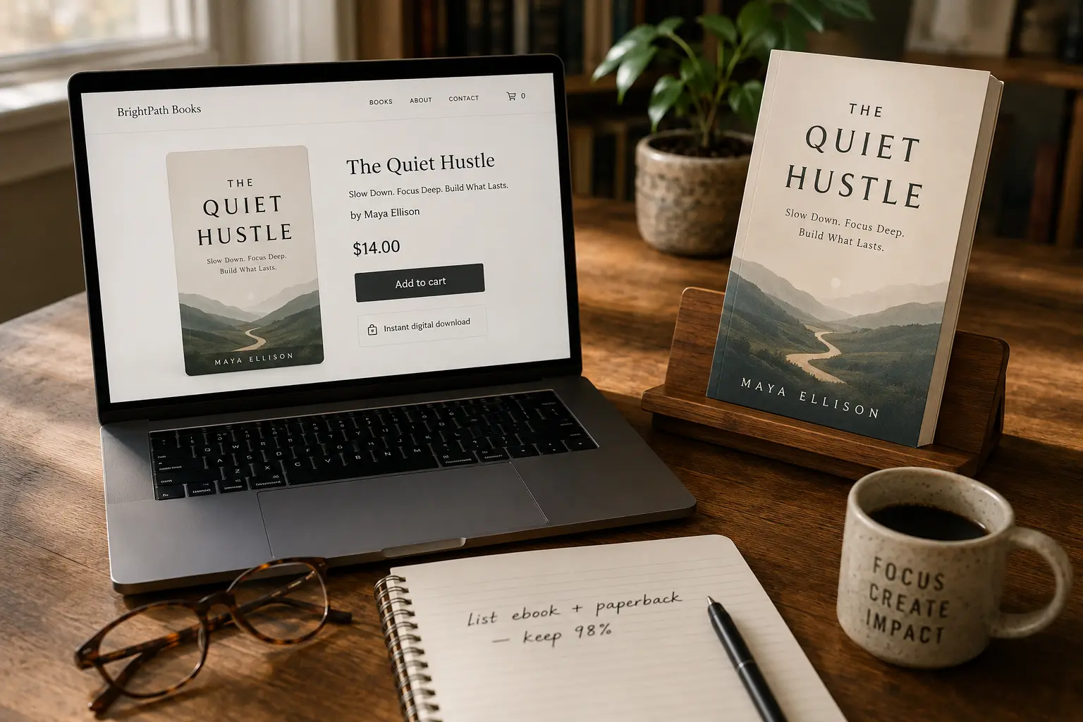 An author's desk with a laptop showing their ebook live in an online store product page, price and Add to cart button visible, next to the finished paperback on a book stand.