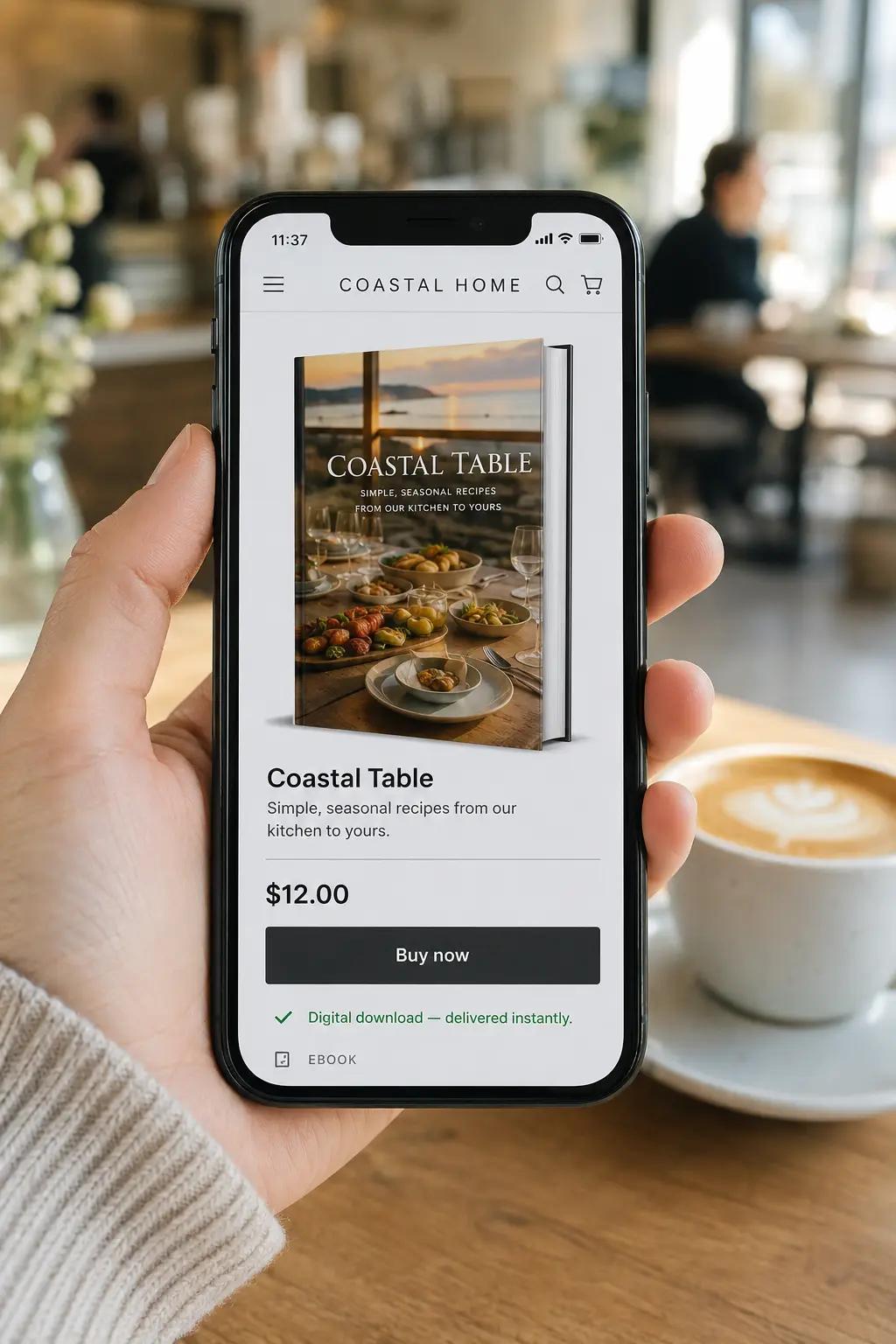 A phone showing an ebook for sale in an online store: cover, title, $12 price, a Buy now button, and a line reading Digital download, delivered instantly.