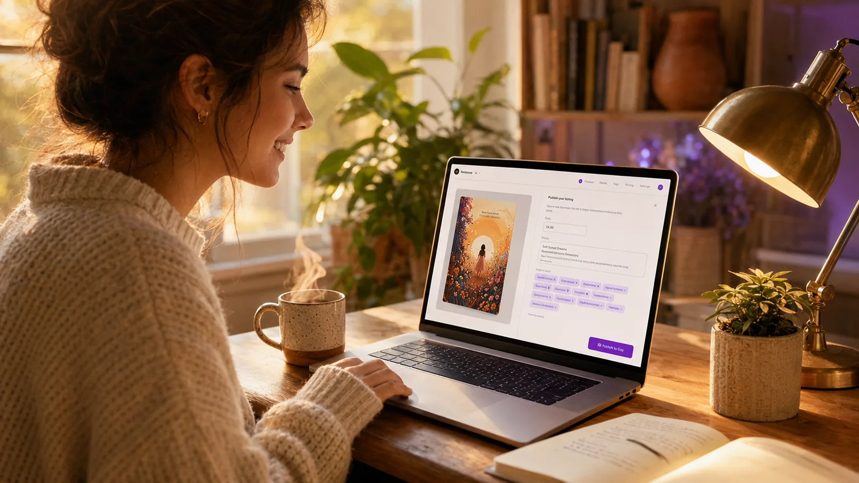 A creator at a warm wooden desk uses Inkfluence to publish her ebook to her Etsy shop with one click, the publish dialog and an Etsy listing preview visible on her laptop screen.
