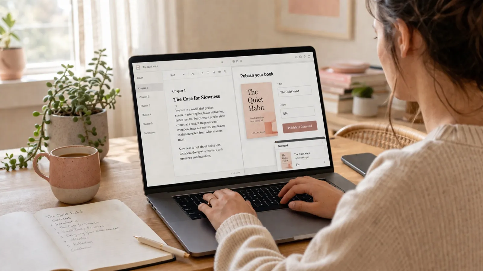 A creator at a sunlit home desk uses Inkfluence to publish her ebook to Gumroad with one click, the publish dialog and a generated cover visible on her laptop screen.
