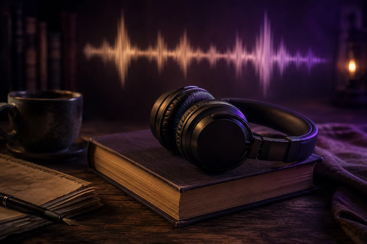 Headphones resting on a book representing AI audiobook generation, a feature Squibler does not offer