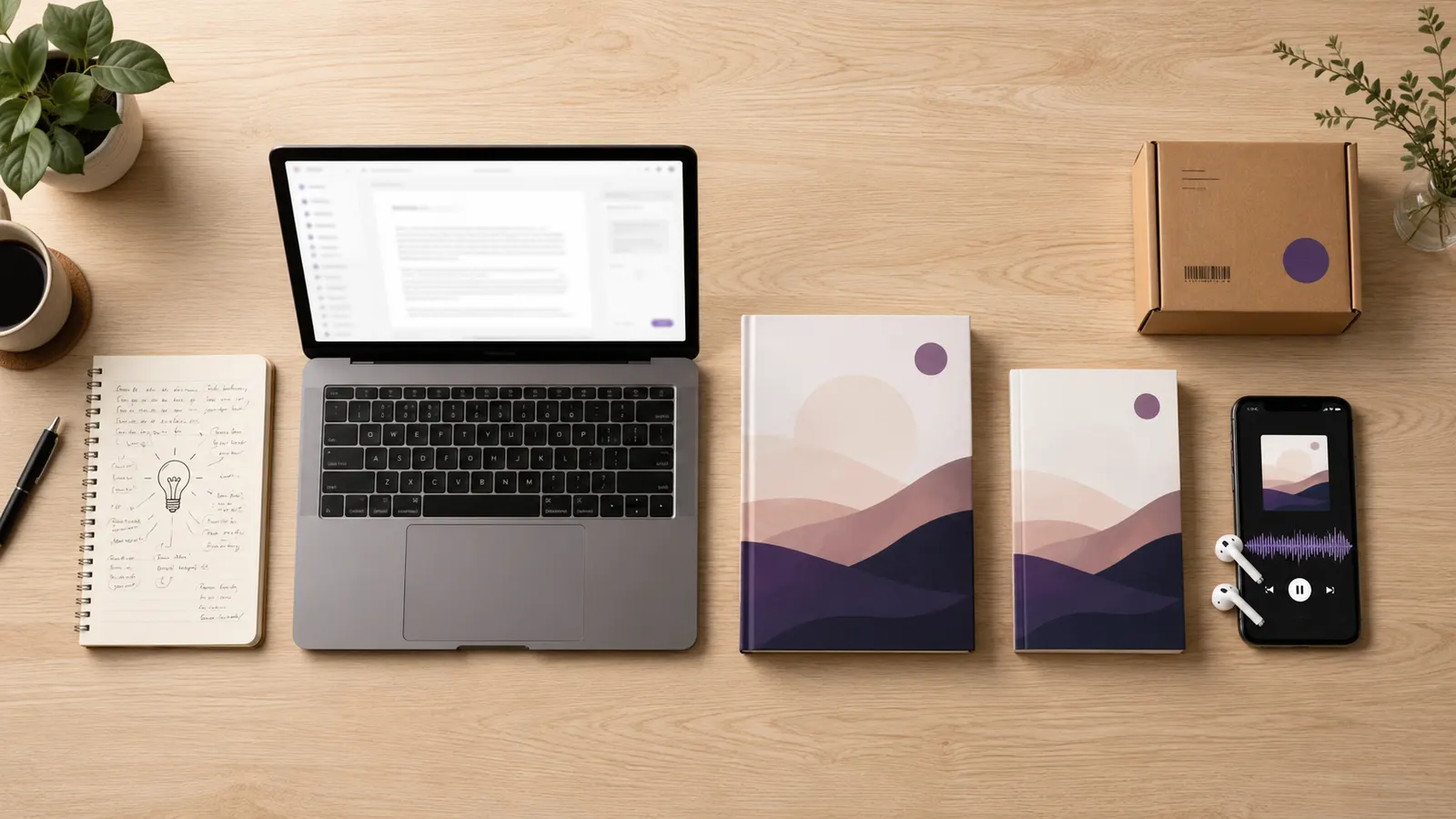 Flat lay of the full publishing pipeline from idea to draft, cover, ebook and audiobook handled in one tool