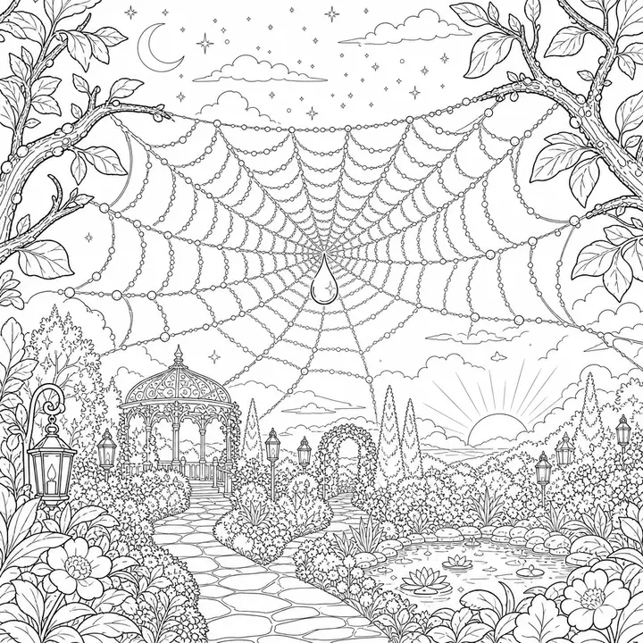 Detailed dewdrop spiderweb adult coloring page with fine line work