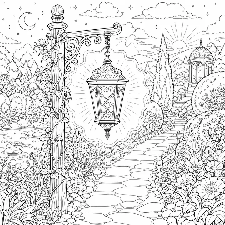 Lantern path garden scene drawn as intricate adult line art