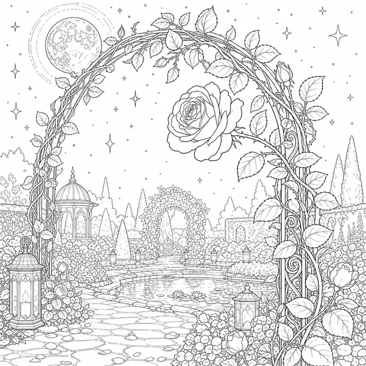 Intricate moonlit rose arch coloring page generated by the adult coloring book generator