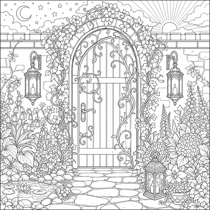 Secret garden door intricate coloring page for adults