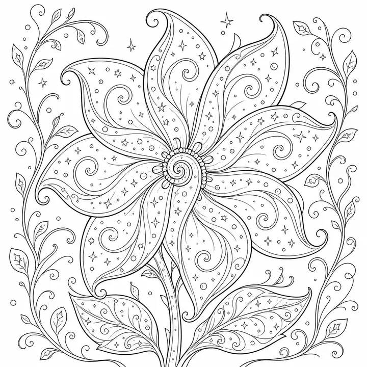 Starflower spiral mandala-style adult coloring page