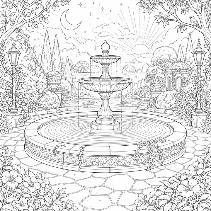 Stone fountain adult coloring book page with flowing detailed patterns