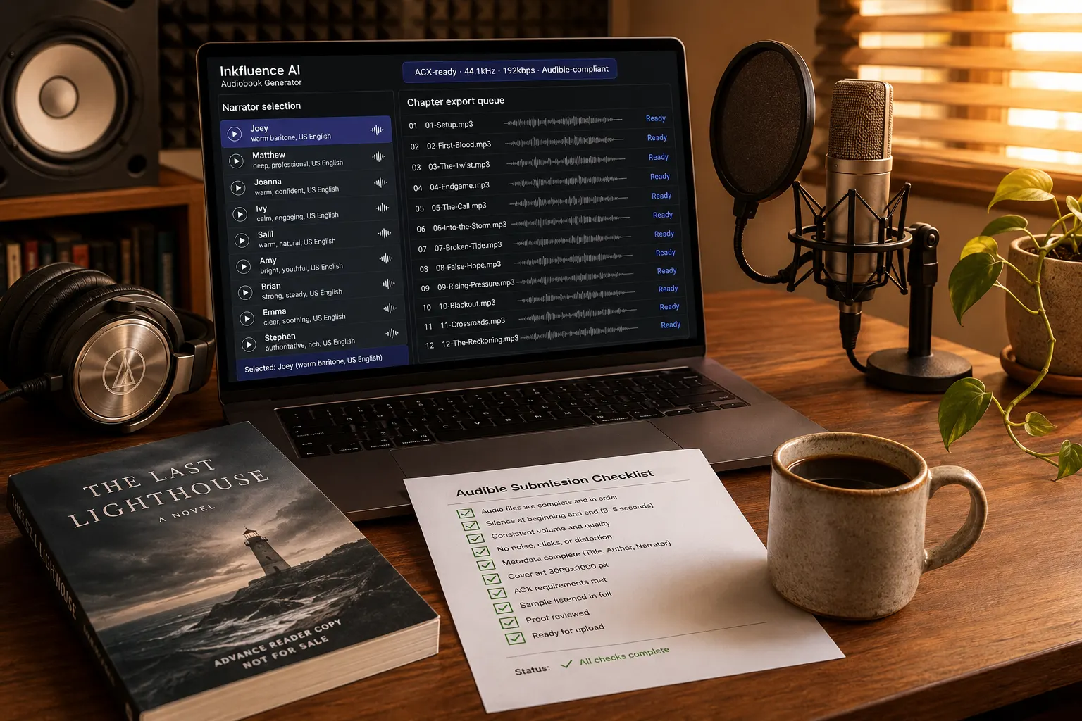 A warm modern home audio studio at golden hour. A laptop on a clean walnut desk displays the Inkfluence AI Audiobook Generator with an ACX-ready 44.1kHz 192kbps Audible-compliant indicator badge at the top in indigo. On the left a Narrator selection panel lists 9 voice options (Joey warm baritone US English selected, Matthew deep professional, Joanna warm confident, Ivy calm engaging, Salli warm natural, Amy bright youthful, Brian strong steady, Emma clear soothing, Stephen authoritative rich). On the right a Chapter export queue shows 12 chapter files (01-Setup.mp3, 02-First-Blood.mp3, 03-The-Twist.mp3, 04-Endgame.mp3, 05-The-Call.mp3, 06-Into-the-Storm.mp3, 07-Broken-Tide.mp3, 08-False-Hope.mp3, 09-Rising-Pressure.mp3, 10-Blackout.mp3, 11-Crossroads.mp3, 12-The-Reckoning.mp3) all marked Ready in indigo with audio waveform thumbnails. Beside the laptop: professional over-ear studio headphones in brushed aluminum, a condenser microphone on a tabletop stand with a pop filter, a printed paperback advance reader copy of THE LAST LIGHTHOUSE A NOVEL with a moody lighthouse cover, an Audible Submission Checklist printed sheet showing 10 green checkmarks and Status All checks complete, a stoneware mug of black coffee, audio monitors visible to the left, and a pothos plant trailing in a clay pot. Warm side lighting from the right.