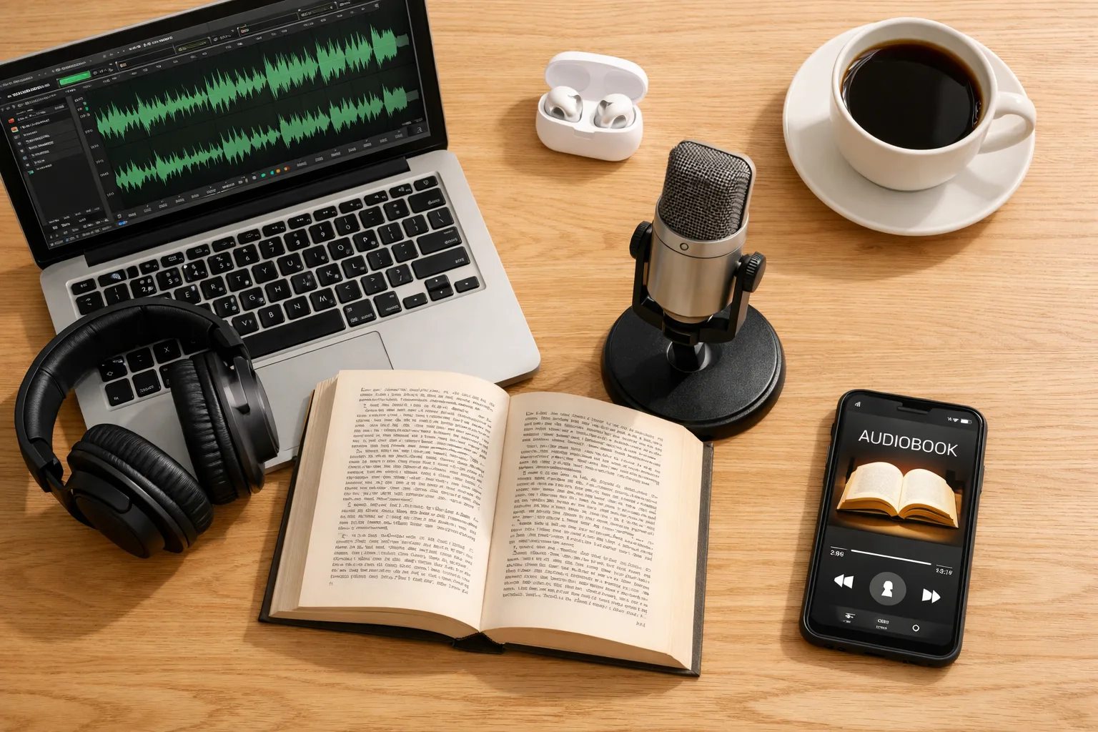 Audiobook production workspace with studio headphones, a condenser microphone, an open book, a laptop showing audio waveforms, and a phone displaying an audiobook player