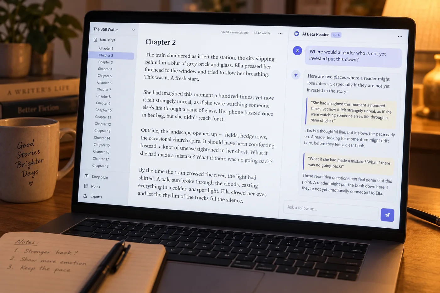 A chat panel beside a chapter: the author asks where a reader who is not yet invested would put the book down, and the answer quotes two passages from the chapter.