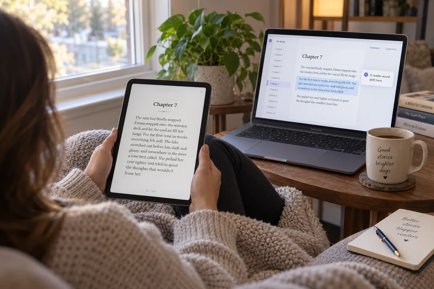 A reader in an armchair with a tablet showing a novel chapter, and beside them a laptop with the same chapter open in an editor, one paragraph highlighted with a note that says a reader would drift here.