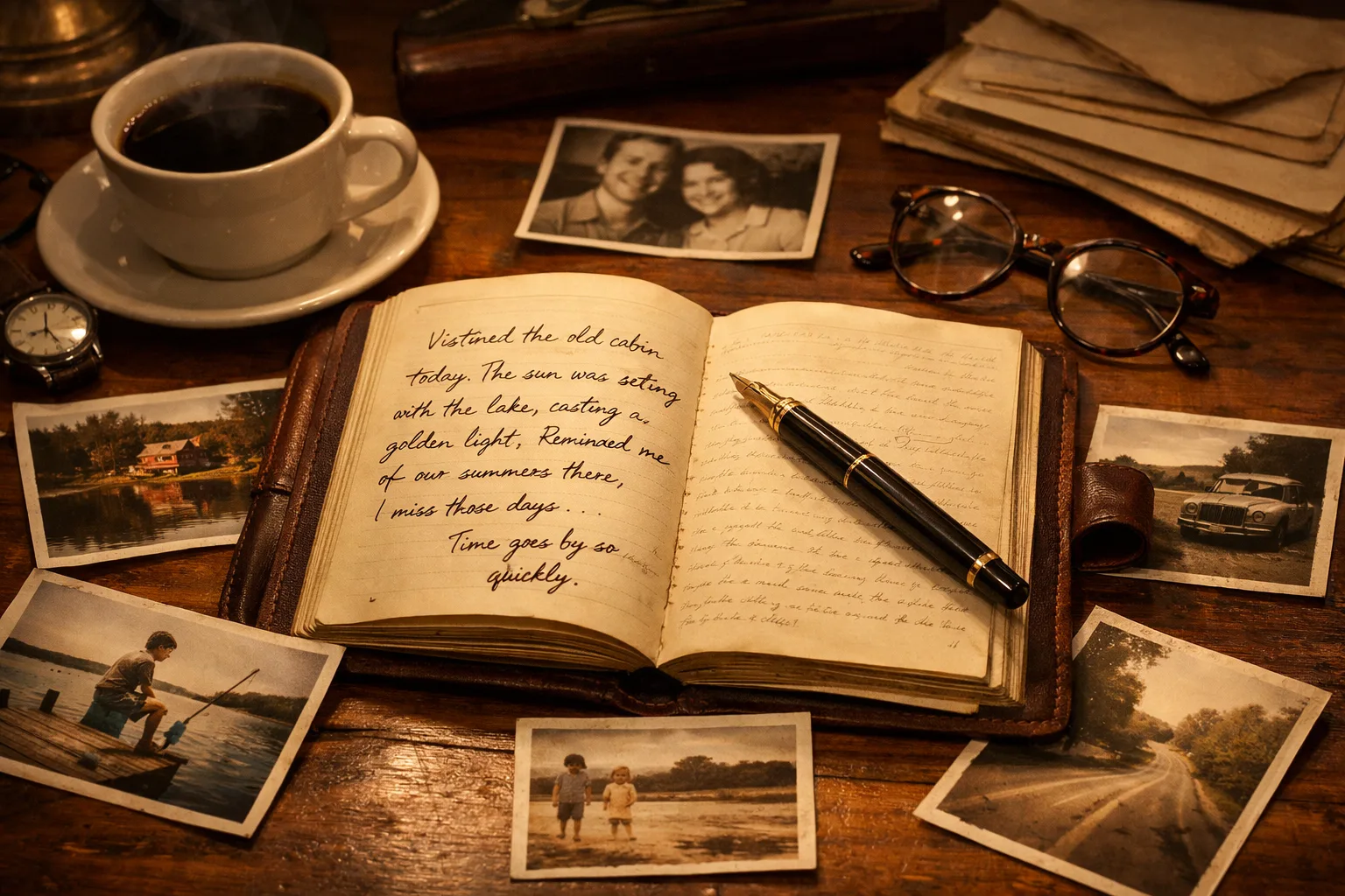 Writing a biography with vintage photographs, leather journal, and memoir materials on a wooden desk