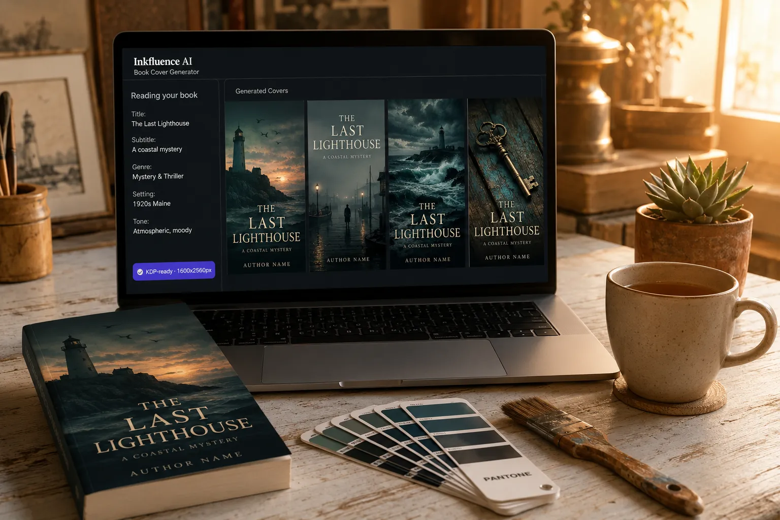 A modern designer's studio at golden hour. A laptop on a clean white wooden desk displays the Inkfluence AI Book Cover Generator with two panels: on the left a Reading your book panel listing Title The Last Lighthouse, Subtitle A coastal mystery, Genre Mystery and Thriller, Setting 1920s Maine, Tone Atmospheric and moody. On the right four generated cover thumbnails all clearly variants of the same book: a windswept lighthouse silhouette at dusk in muted teal, a foggy harbor with a single figure, a stormy seascape with crashing waves, and an antique brass key on weathered wood. A KDP-ready 1600 by 2560 pixel indicator badge in indigo. Beside the laptop a printed paperback proof of The Last Lighthouse with the matched lighthouse-at-dusk cover face-up on the desk, a Pantone-style color swatch fan deck splayed open in teal and navy tones, a single bristle paintbrush, a stoneware mug of tea, and a small succulent in a clay pot. Warm side lighting from the right.