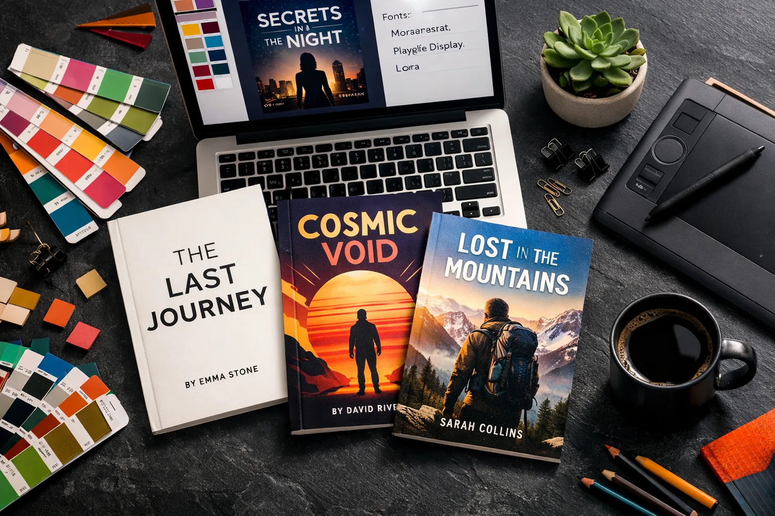 Creative book cover design workspace with three printed cover mockups, colour swatches, a graphic tablet, and a laptop showing a cover in progress