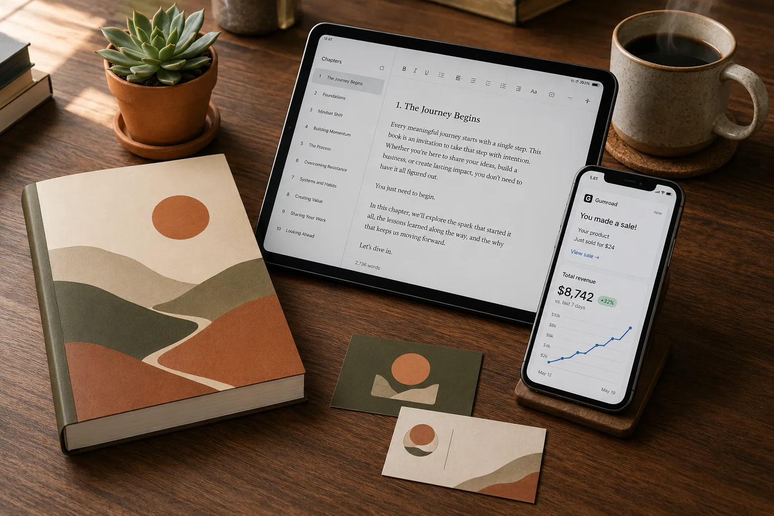 A creator's book-launch kit on a walnut desk: branded paperback with an earth-tone abstract cover, a tablet showing the AI book creator's chapter editor with 'The Journey Begins' chapter visible, a phone displaying a Gumroad 'You made a sale!' notification with $8,742 revenue trending +32% over the last 7 days, a steaming ceramic mug of coffee, a succulent in a terracotta pot, and matching branded business cards.