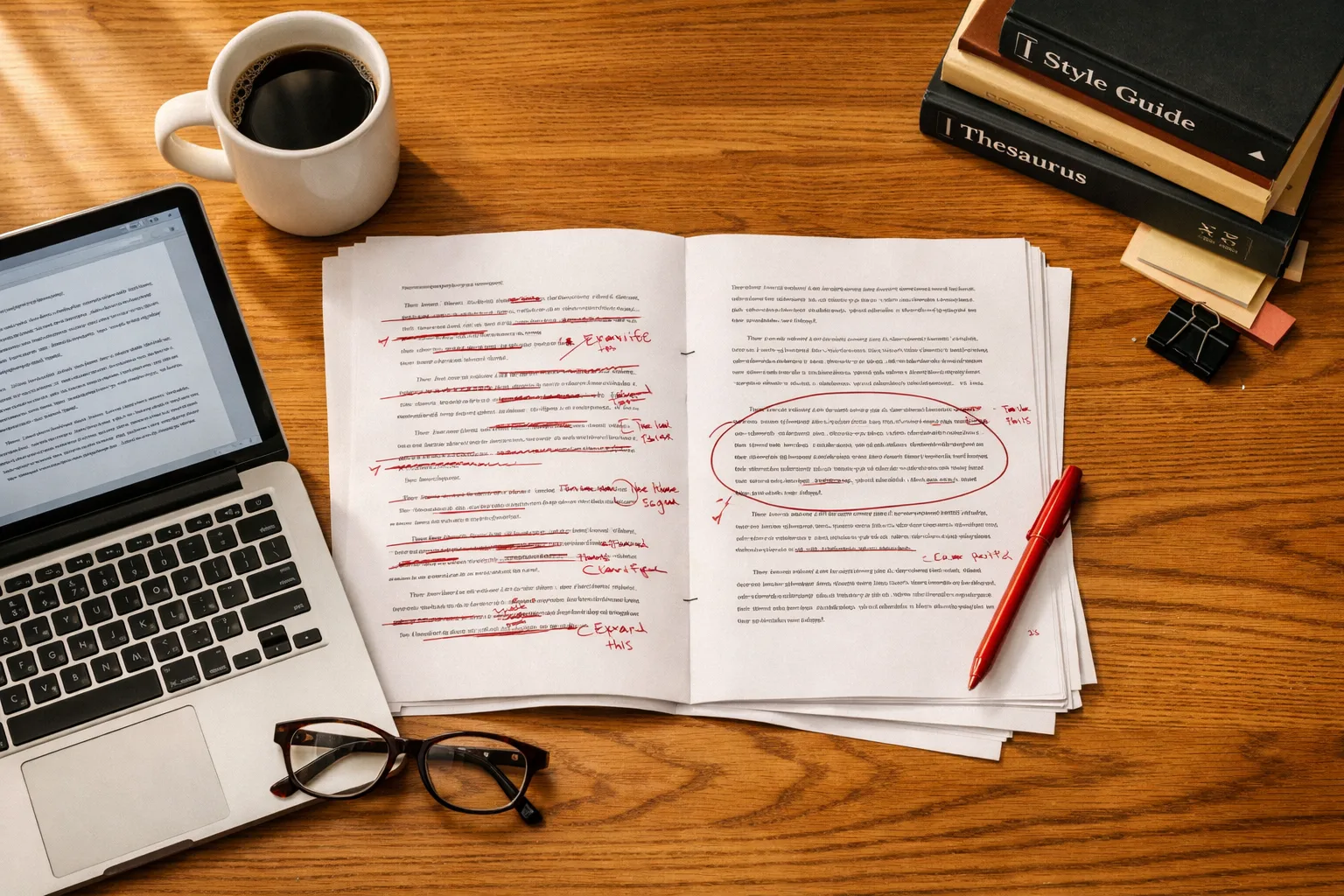 Manuscript pages covered in red pen edits and margin notes on a warm oak desk, with a laptop showing the revised text, reading glasses, coffee, and reference books