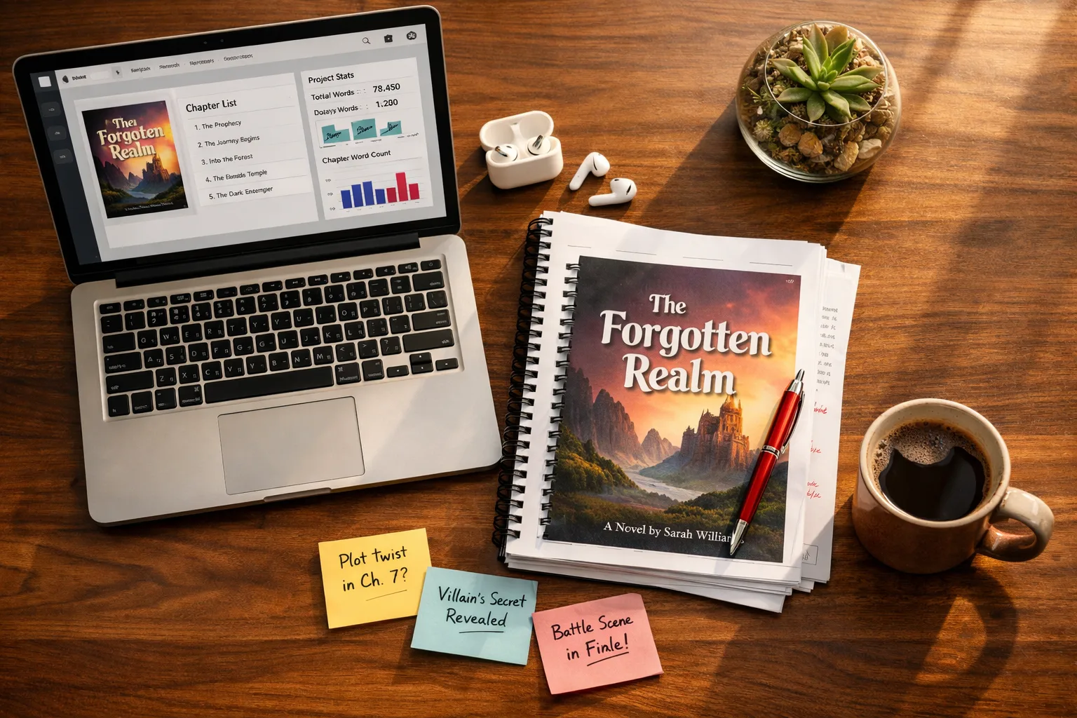 Book generation workspace with a laptop showing a chapter list and word count stats, a printed manuscript with a fantasy cover, Post-it notes with chapter ideas, AirPods, and coffee on a walnut desk