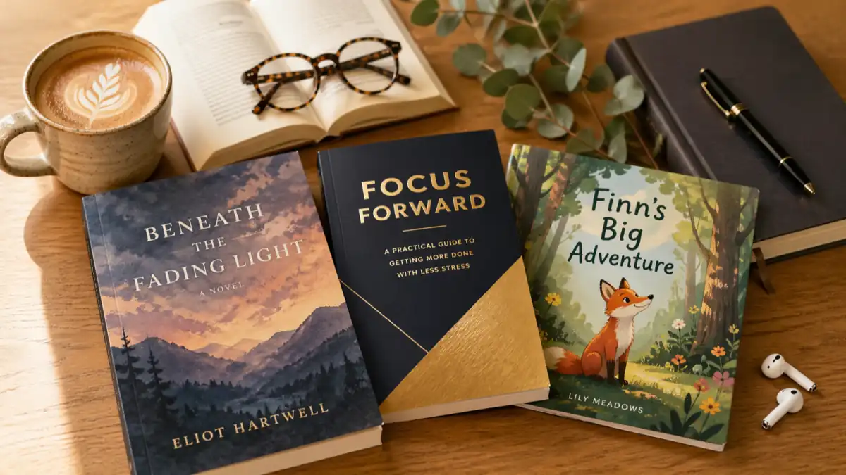 Three finished paperback books generated with Inkfluence AI laid out on an oak desk: a literary fiction novel, a business productivity guide, and a children's picture book, shown alongside coffee, reading glasses, and a fountain pen, illustrating multi-genre AI book generation and professional print-ready output.