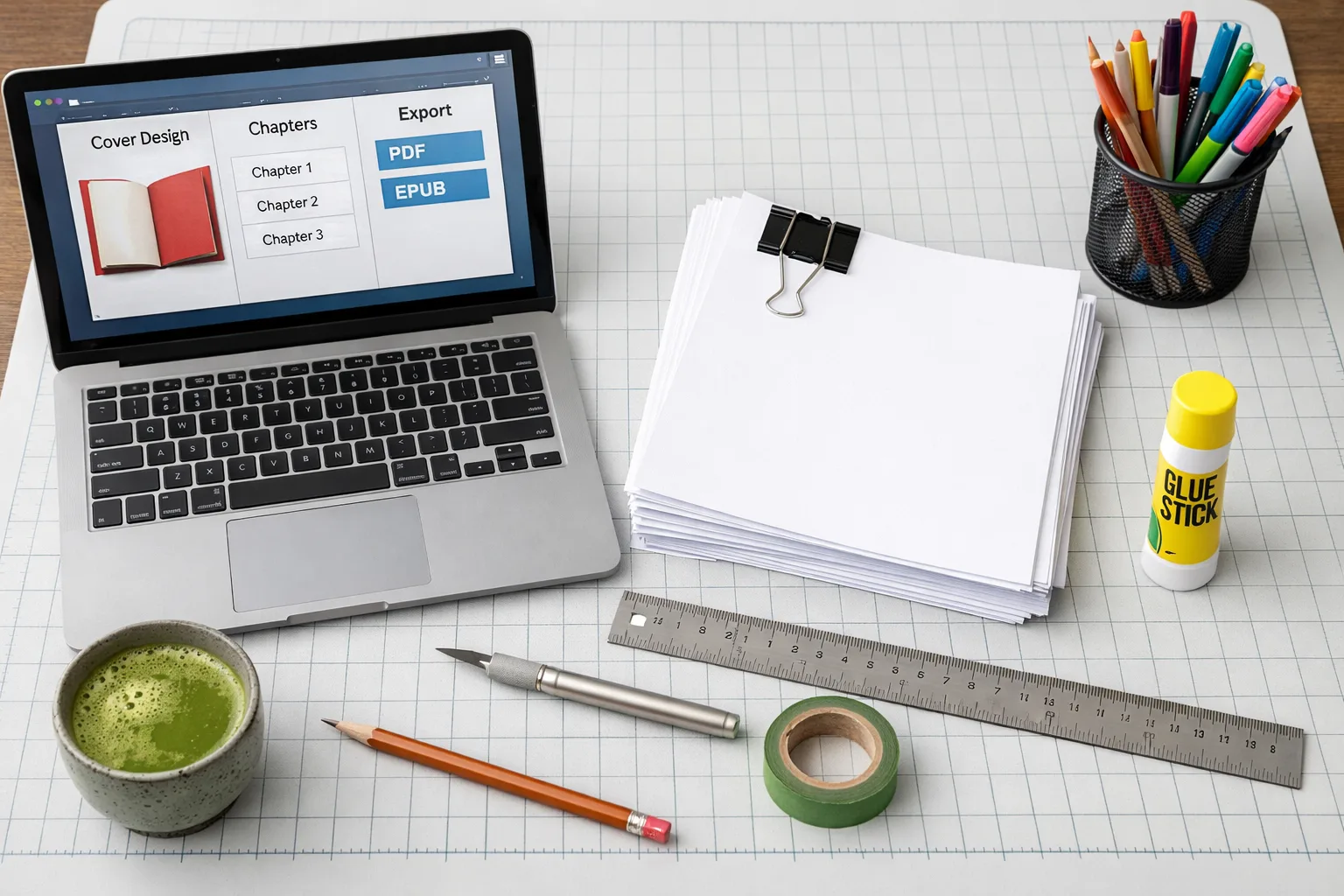 DIY book-making workspace with a laptop showing cover design, chapters and PDF/EPUB export options, a stack of printed pages with binder clip, craft knife, ruler, washi tape, matcha, and coloured pens on a cutting mat