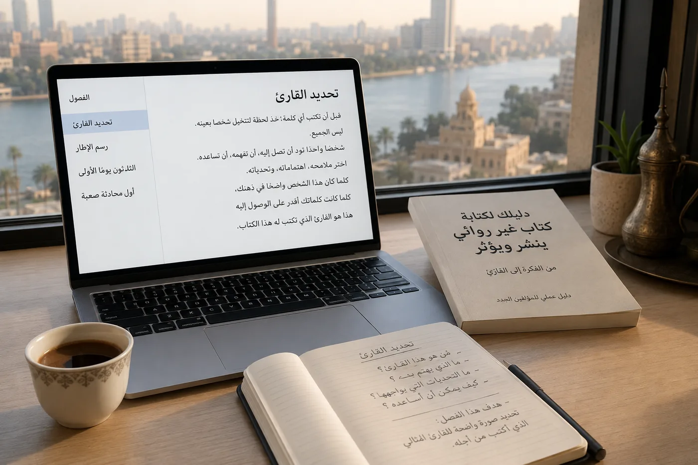 مكتب خشبي فاتح عليه حاسوب محمول يعرض تطبيق كتابة بالعربية، وفي الشريط الجانبي هيكل فصول: تحديد القارئ، رسم الإطار، الثلاثون يومًا الأولى، أول محادثة صعبة. وبجانبه دليل عملي مطبوع بالعربية، وفنجان قهوة، ودفتر مفتوح فيه هيكل فصول بخط اليد.