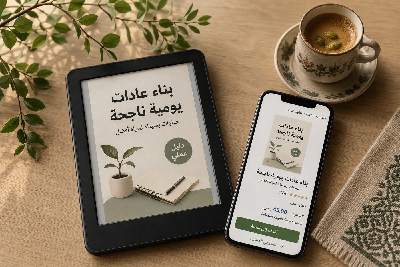 قارئ إلكتروني على طاولة خشبية يعرض غلاف كتاب عربي بعنوان دليل عملي، وبجانبه هاتف يعرض صفحة الكتاب في متجر كتب عربي بسعر بالريال، وفنجان قهوة عربية.