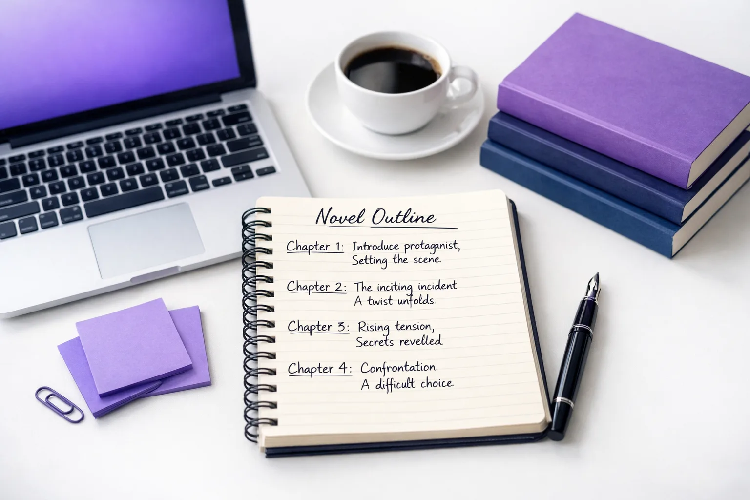 AI book writing workspace with a novel outline notebook, laptop, coffee, and reference books