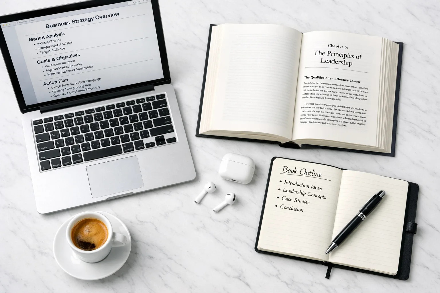 Professional business book writing workspace with a laptop showing a strategy document, a leadership book open to a chapter, notebook with book outline, and espresso