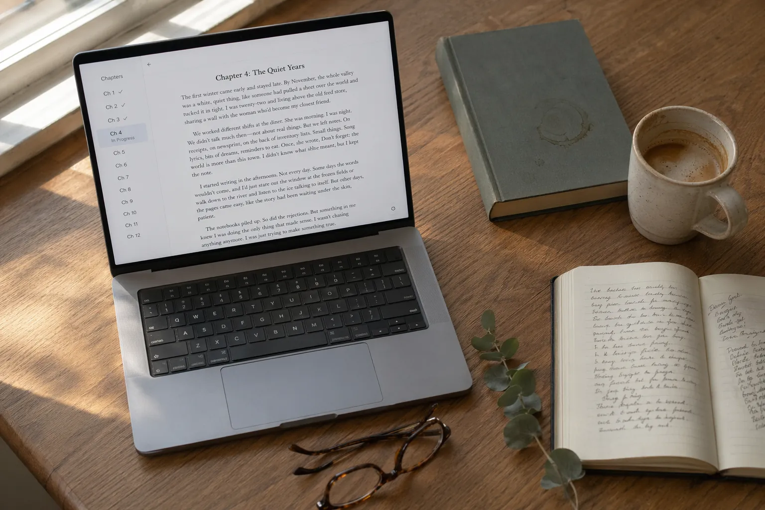 AI chapter generator drafting Chapter 4 of a novel on a laptop, with chapters 1 to 3 marked complete in the sidebar, beside a notebook of handwritten notes and a coffee on an oak desk