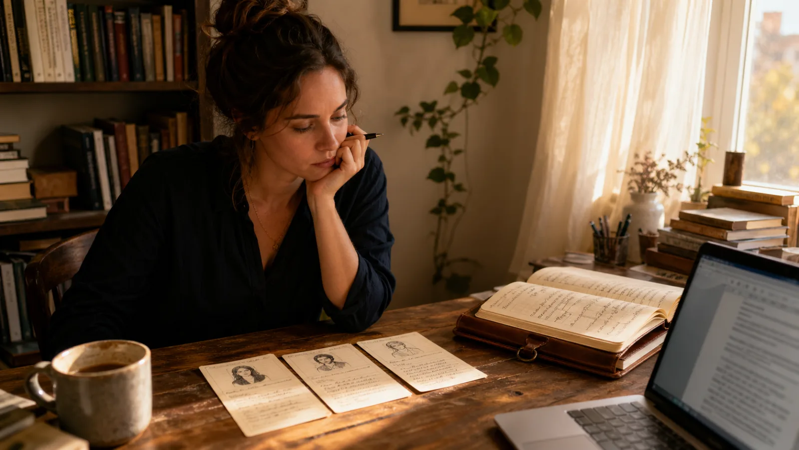 Novelist working on a character bible at a sunlit desk, with handwritten character cards spread out, a portrait sketch pinned above her laptop, and a leather notebook full of voice and motivation notes.