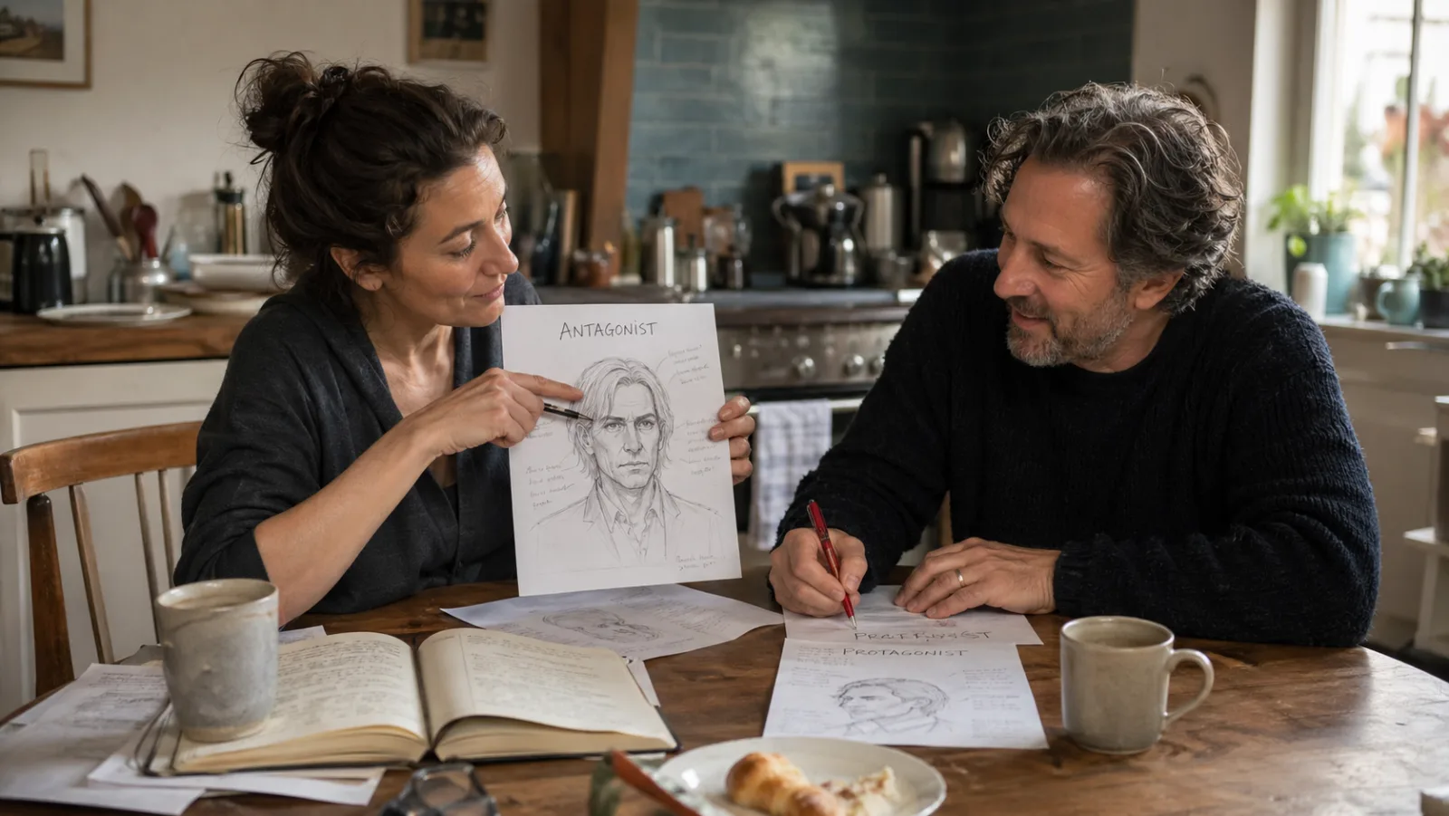 Novelist at her writing desk with three character profile sheets fanned out in front of her, each with a small portrait sketch and notes on voice, motivation, and flaw, ceramic mug, leather notebook, soft lamp.