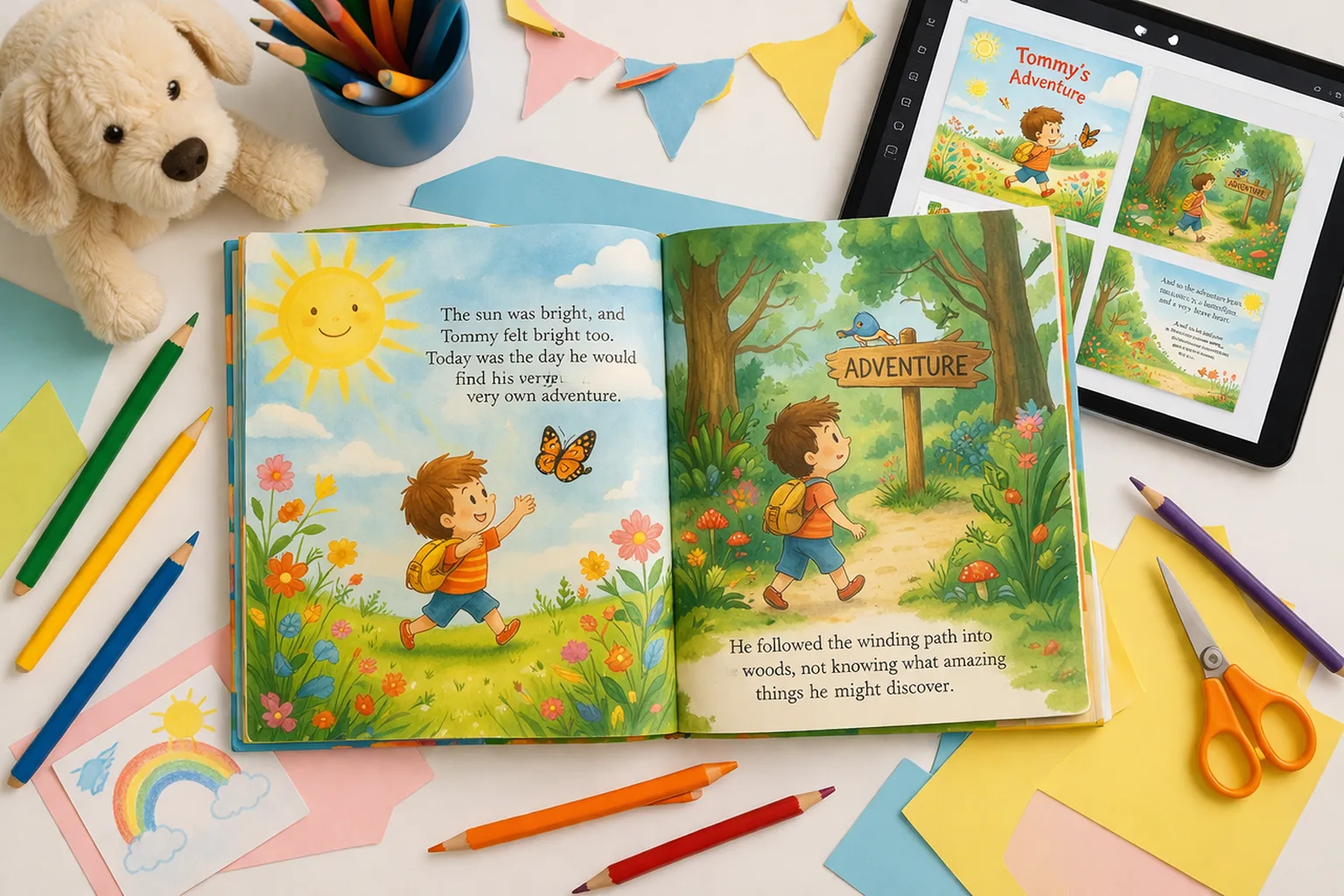 Colorful children's storybook open on a creative workspace with colored pencils, craft paper, and a tablet showing illustrated pages
