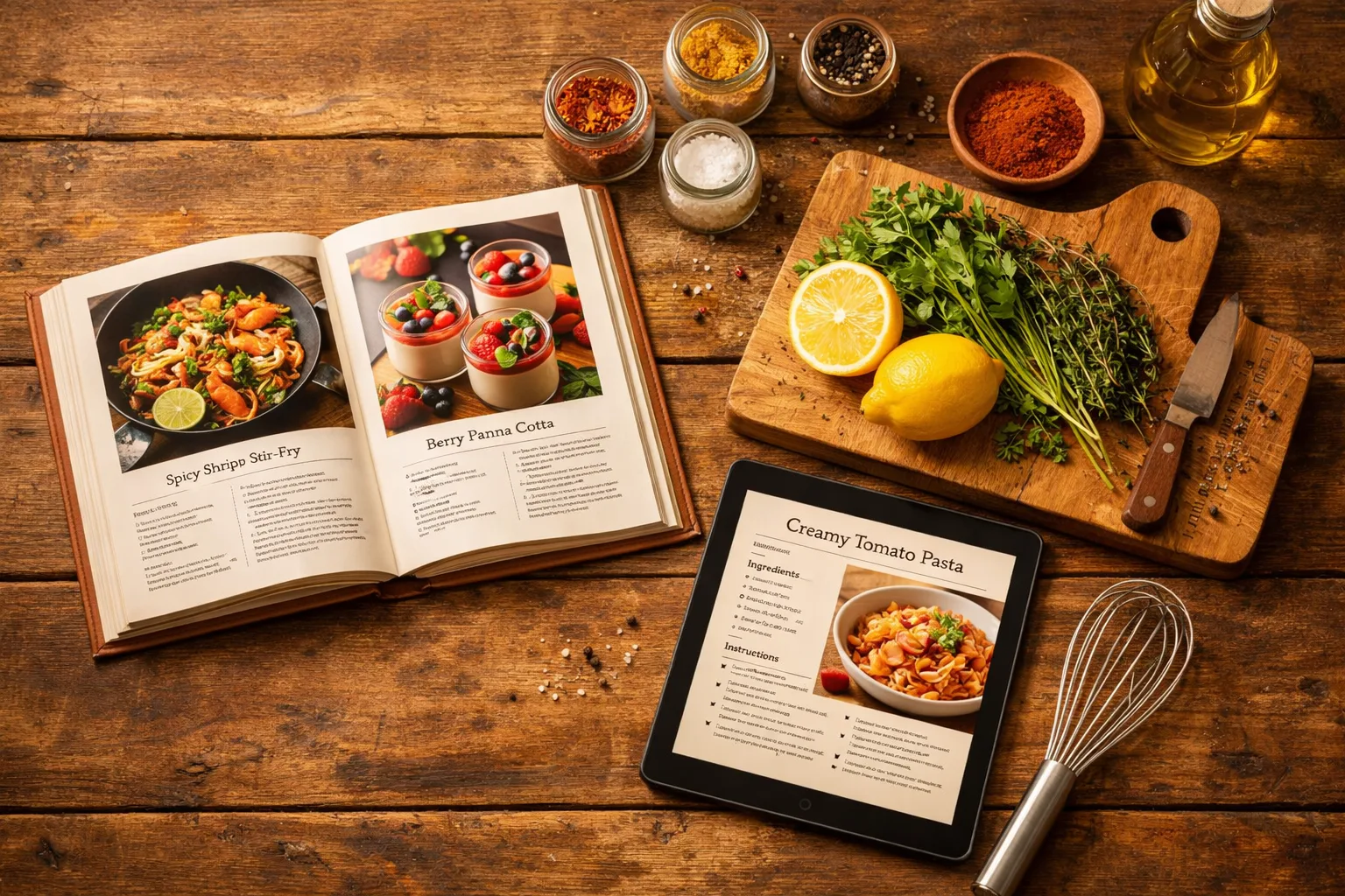 Cookbook creation workspace with an open recipe book, a tablet showing a recipe layout, fresh herbs on a cutting board, and spice jars on a rustic kitchen counter